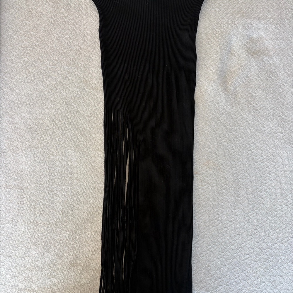 Zara Black Ribbed Fringe Maxi Skirt